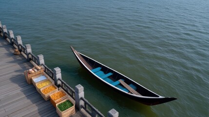 Overhead View of a Long Tail Boat Loaded with Colorful Fruits on a Calm Water Surface
