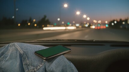 Glowing Green Phone on Dashboard at Night with City Lights in Background