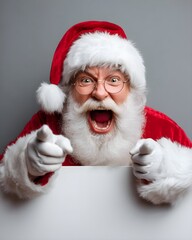 Naklejka premium Christmas santa claus pointing blank advertising banner of grandfather, screaming, teeth