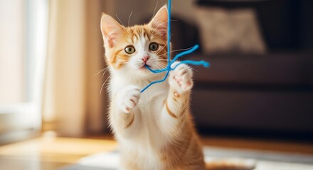 Playful ginger and white kitten engaged with a blue string indoors