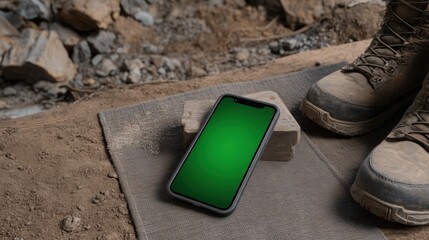 Phone with Glowing Green Screen Resting on Floor Mat Beside Boots and Rocks