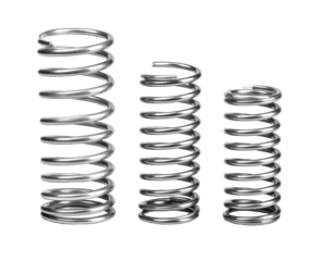 Three shiny, chrome-colored, coiled springs of varying heights against a black background