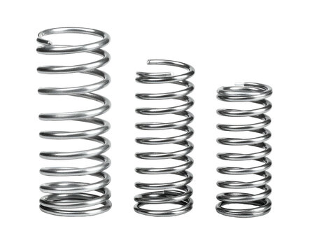 Three shiny, chrome-colored, coiled springs of varying heights against a black background