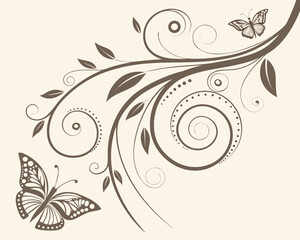 Butterfly and floral design with swirling vines and leaves