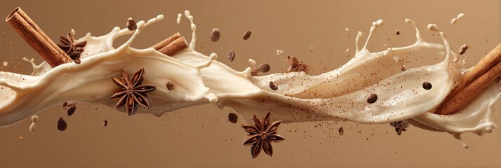 Creamy liquid splashes with cinnamon sticks and star anise create a lively scene. Coffee beans add texture against a warm background during a dynamic moment.