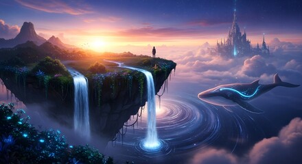 Fantasy landscape with waterfalls whale and a castle in the clouds at sunset