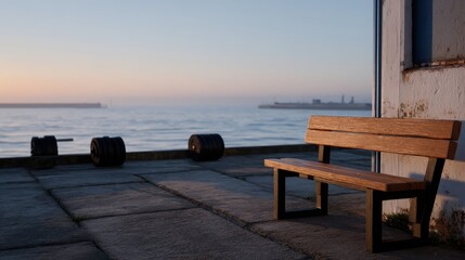 Tranquil Gym Dock with Weight Plates and Wooden Bench at Sunrise by Water