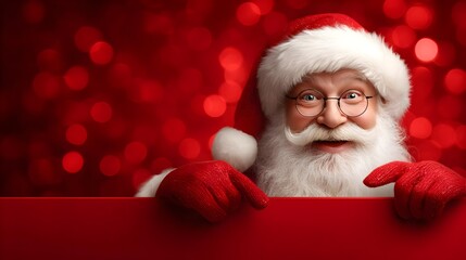 Naklejka premium Christmas santa claus pointing blank advertising banner of positivity, humor, sparkle