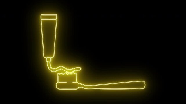 Yellow neon outlines a toothpaste tube squeezing paste onto a toothbrush against a black background
