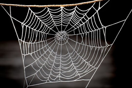 Frozen spiderweb, intricate design, frosty, against dark backdrop - Powered by Adobe