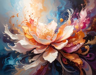 A vibrant, abstract floral artwork with a large, center bloom. Flowing, colorful brushstrokes surround the flower. Colors include white, orange, pink, blue