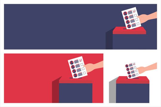 Simple election background showing a hand inserting a marked ballot into a red and blue ballot box, symbolizing voting and democratic participation, with clean minimal layouts