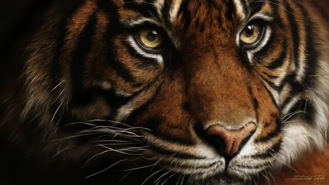 Intense close-up of a majestic wild tiger's face with piercing golden eyes and striking striped fur, powerful wildlife predator portrait