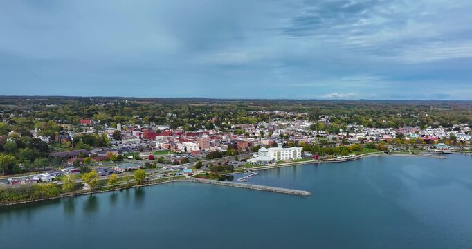 Geneva, NY, USA - October 17, 2025:  Aerial video over Seneca Lake and the City of Geneva New York
