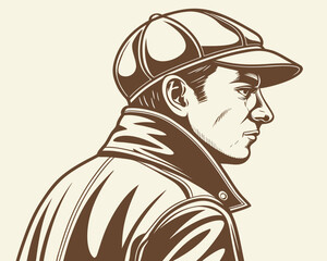 A man in a cap and jacket looks to the side in a vintage illustration