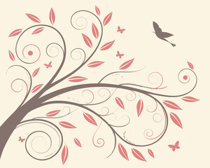 Illustration of a tree branch with leaves and butterflies on a light background