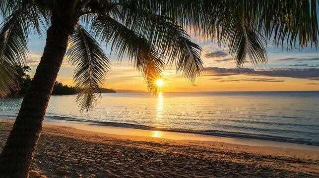 sunset, beach, palm, tree, sea, tropical, ocean, sky, sun, summer, - Powered by Adobe