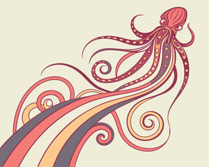 Stylized octopus with colorful tentacles on a light beige background © Ikra