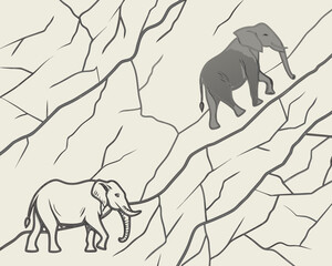 Two elephants are walking on a rocky mountain with a beige background