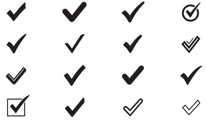 Black check mark icons set. Checkmark vector icon collection. Checked icon or correct choice sign. Check mark or checkbox pictogram. Vector illustration.