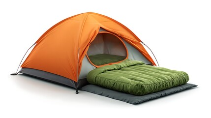 Orange camping tent with sleeping bag and mat isolated on white background