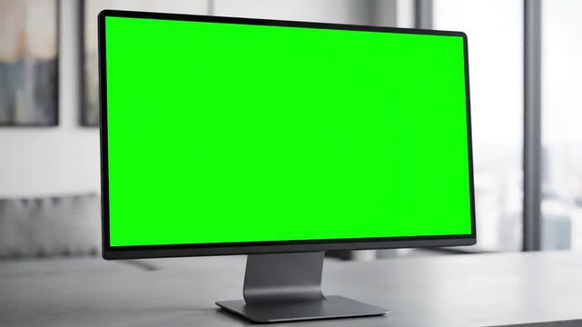 Chroma Key Display Template with close up of green screen on computer in empty business office isolated and mock background monitor nobody workplace copy space app distortion, overlay, glitch, static