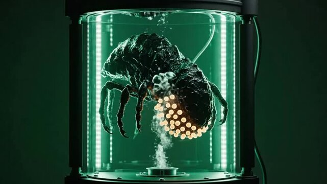 Alien parasite creature with glowing eggs in a futuristic green-lit containment tank, bubbling with liquid. Sci-fi horror bio-experiment, mysterious extraterrestrial organism in a laboratory setting.