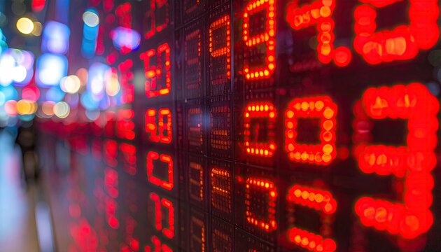 Bright Red Digital Stock Ticker Numbers Displayed on a Large Outdoor LED Screen at Night with Blurred City Lights in the Background