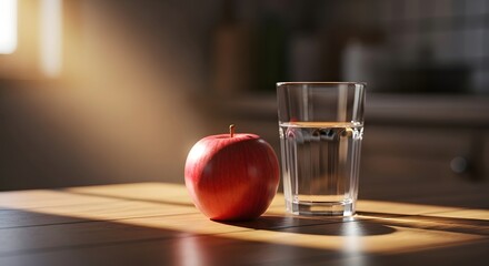 Red apple and glass of water on a wooden table with sunlight
