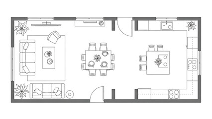 Minimalist Black Line Floor Plan of Combined Living, Dining, and Kitchen Space – Modern Interior Design Layout