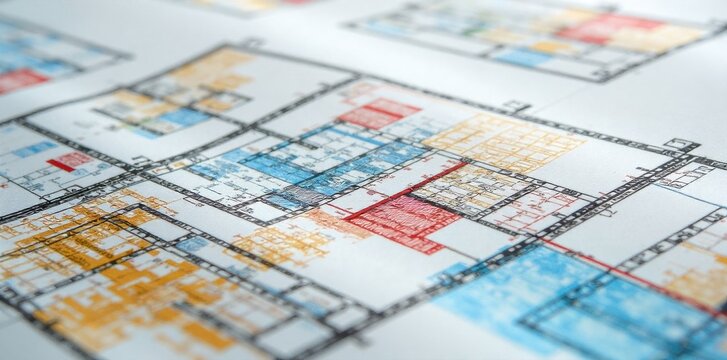 Architectural Drafting Process A spread of blueprints with drafting compasses and rulers, showcasing the creative and technical stages of planning. A top down, flat lay view of several unfurled