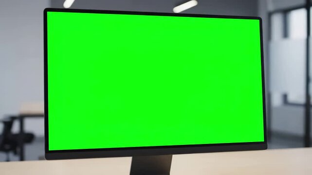 Isolated Tech for Compositing with close up of green screen on computer in empty business office template and mock background chroma key monitor nobody workplace copy space app display distortion