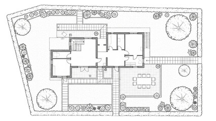 Black Line Drawing of House with Garden, Patio, Pathways, and Outdoor Furniture – Integrated Floor Plan Illustration