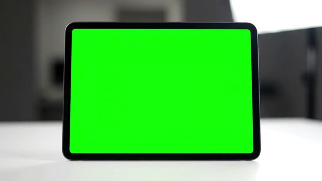 Workspace Innovation with close up of woman holding in hands a digital tablet green screen for internet online chromakey advertising distortion, overlay, glitch, static noise, scan lines on black