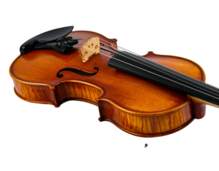 A close-up of a wooden stringed instrument with a detailed varnish finish