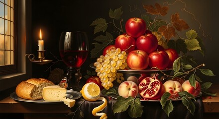 Still life painting of various fruits wine bread and candlelight
