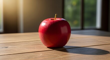 Vibrant red apple on wooden table with natural sunlight