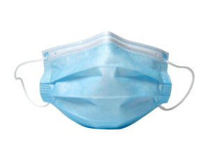 Close-up of a folded, light blue face covering with ear loops, isolated on black