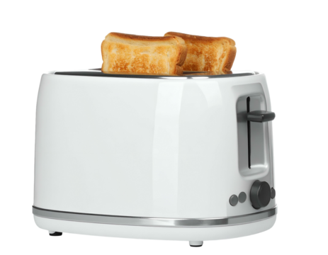 White appliance with two slices of golden-brown bread popping up