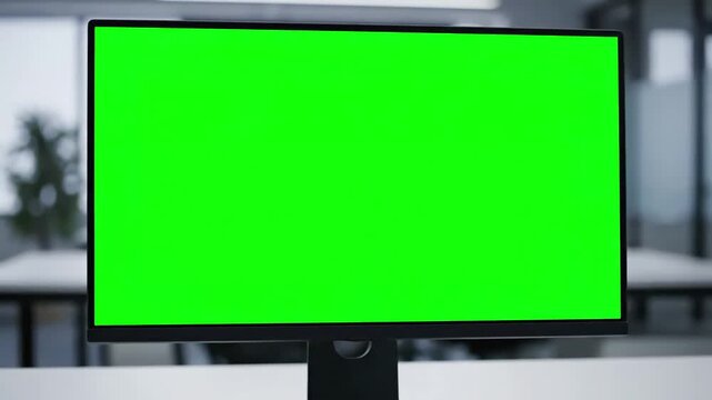 Digital Workspace Mockup with close up of green screen on computer in empty business office isolated template and mock background chroma key monitor nobody workplace copy space app display distortion