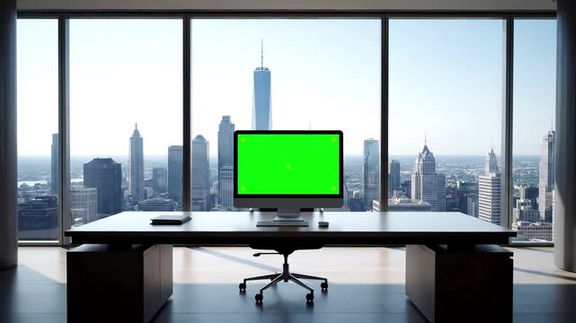Urban Cityscape View with desktop computer monitor mock up green screen chroma key display standing on the desk in modern business office background glass wall big city zoom out shot distortion