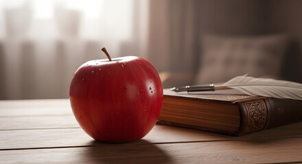 Vibrant red apple on table with book and feather in soft sunlight