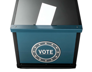 A dark blue ballot box with a white ballot entering. Front has a "VOTE" emblem