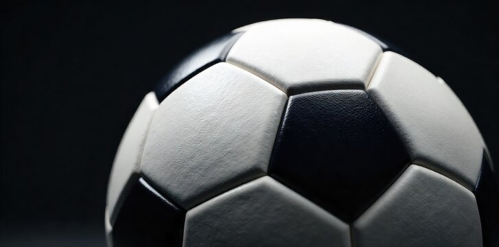 Close up textured soccer ball surfaces with bokeh and dramatic lighting Macro close up of the textured surface of a soccer ball, with sharp focus on the hexagonal and pentagonal panels. Dramatic,