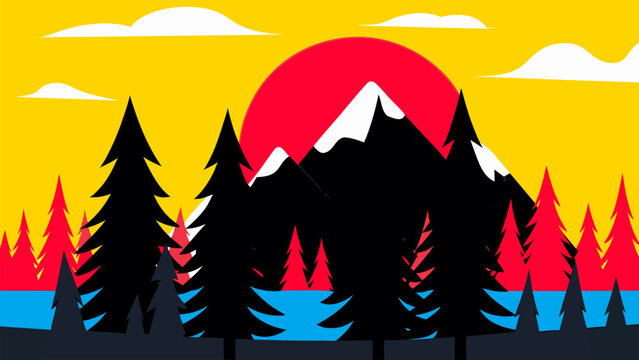 Animated Looping Mountain Landscape with Pine Trees - Flat Design