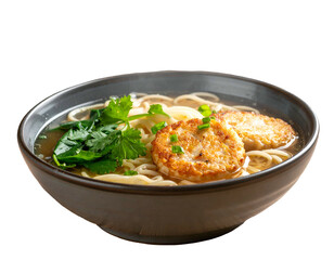 Bowl of noodles with broth, vegetables, and two round, golden-brown patties