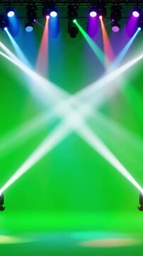 Energetic Light Patterns with dj stage lights on green screen background beams spotlights chroma key 4k video effect copy space distortion, overlay, glitch, static noise, scan lines black background