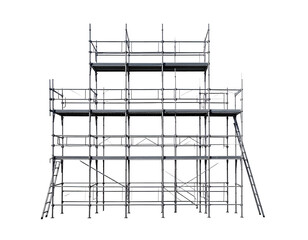 Metal scaffolding structure with multiple levels against a stark black background