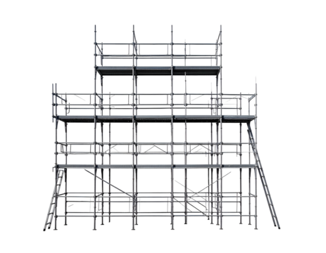 Metal scaffolding structure with multiple levels against a stark black background