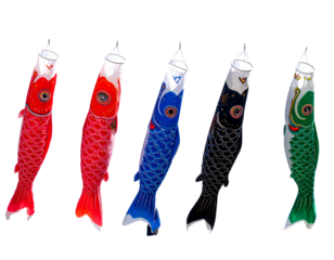 Five colorful carp windsocks sway against a black background